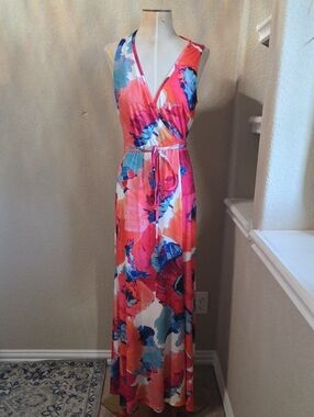 Sleeveless Floral Wrap Maxi Dress in Coral & Blue